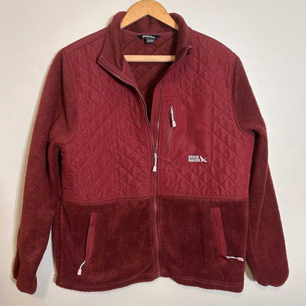 Eddie Bauer Women's Medium Red Jacket Quilted Full-Zip Fleece